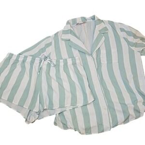 Birdy Grey Striped PJ Pajama Set in‎ Mint and White 100% Rayon Shorts - Sz Large